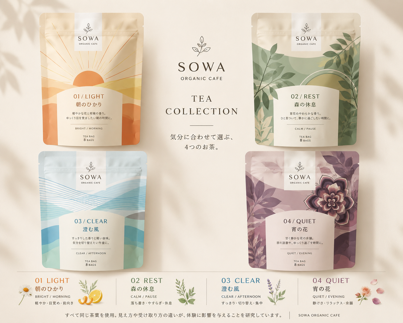 SOWAのお茶4種パッケージ
