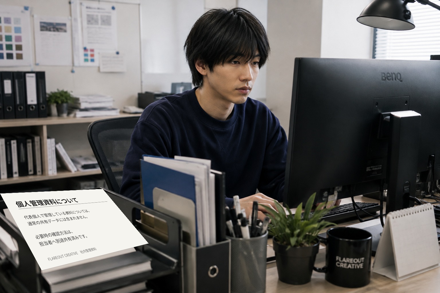 PCで作業する藤本直人とデスク上の資料