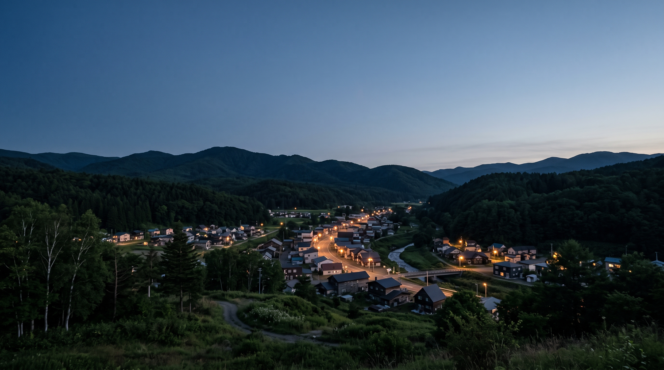 夕暮れの北海道小川市夜山町の町並み